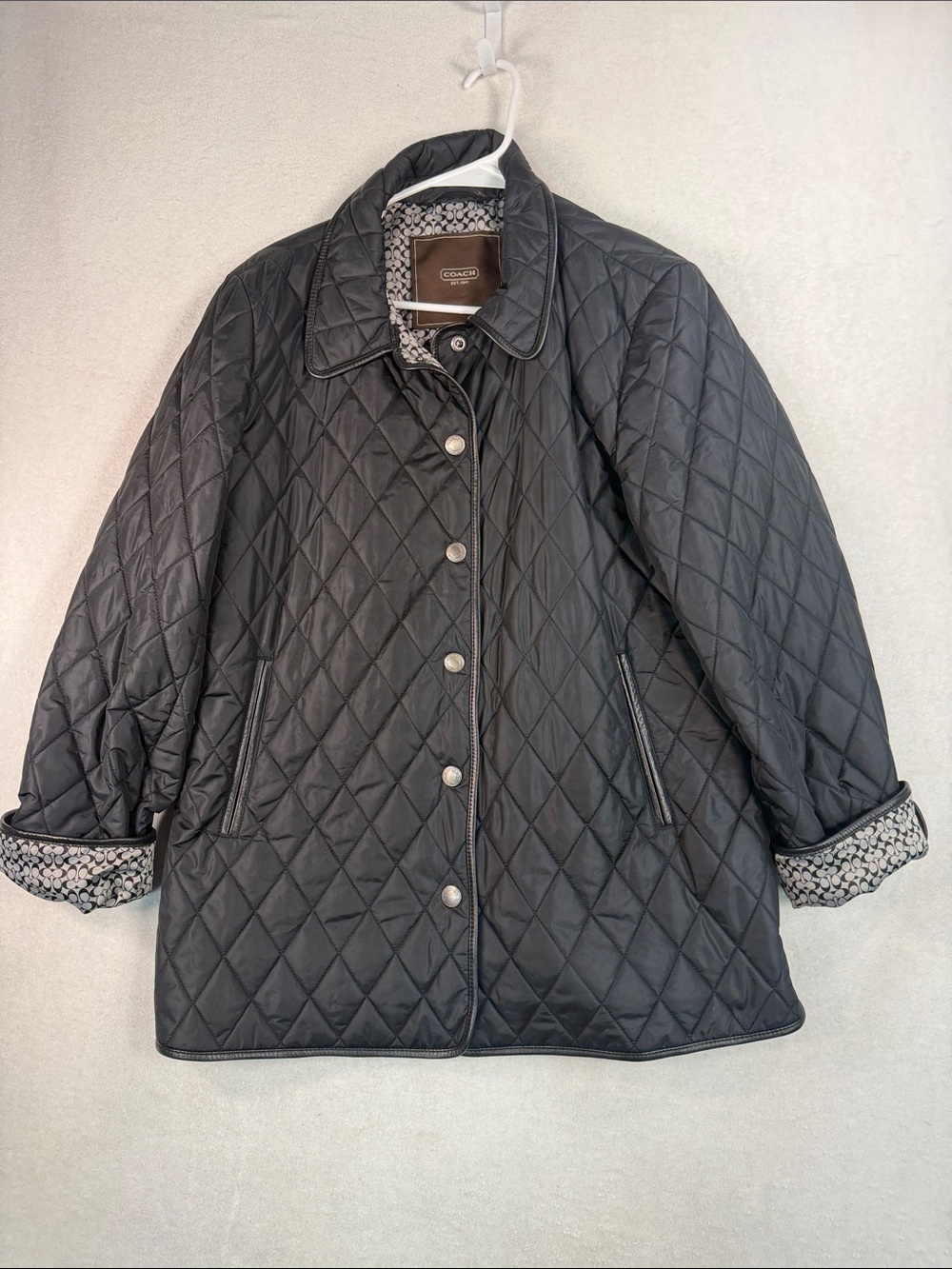 Coach Diamond Quilted Snap-Front Jacket with Leather Trim